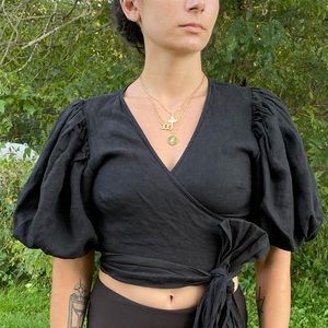 Puff Sleeve Linen Wrap Top